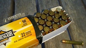 Close-up of the 40gr Jacketed Hollow Point bullets loaded in the Armscor .22 Magnum Ammo