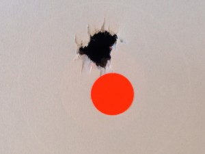 First five JSB King Heavy pellets at 25 yards.  Half inch orange dot.