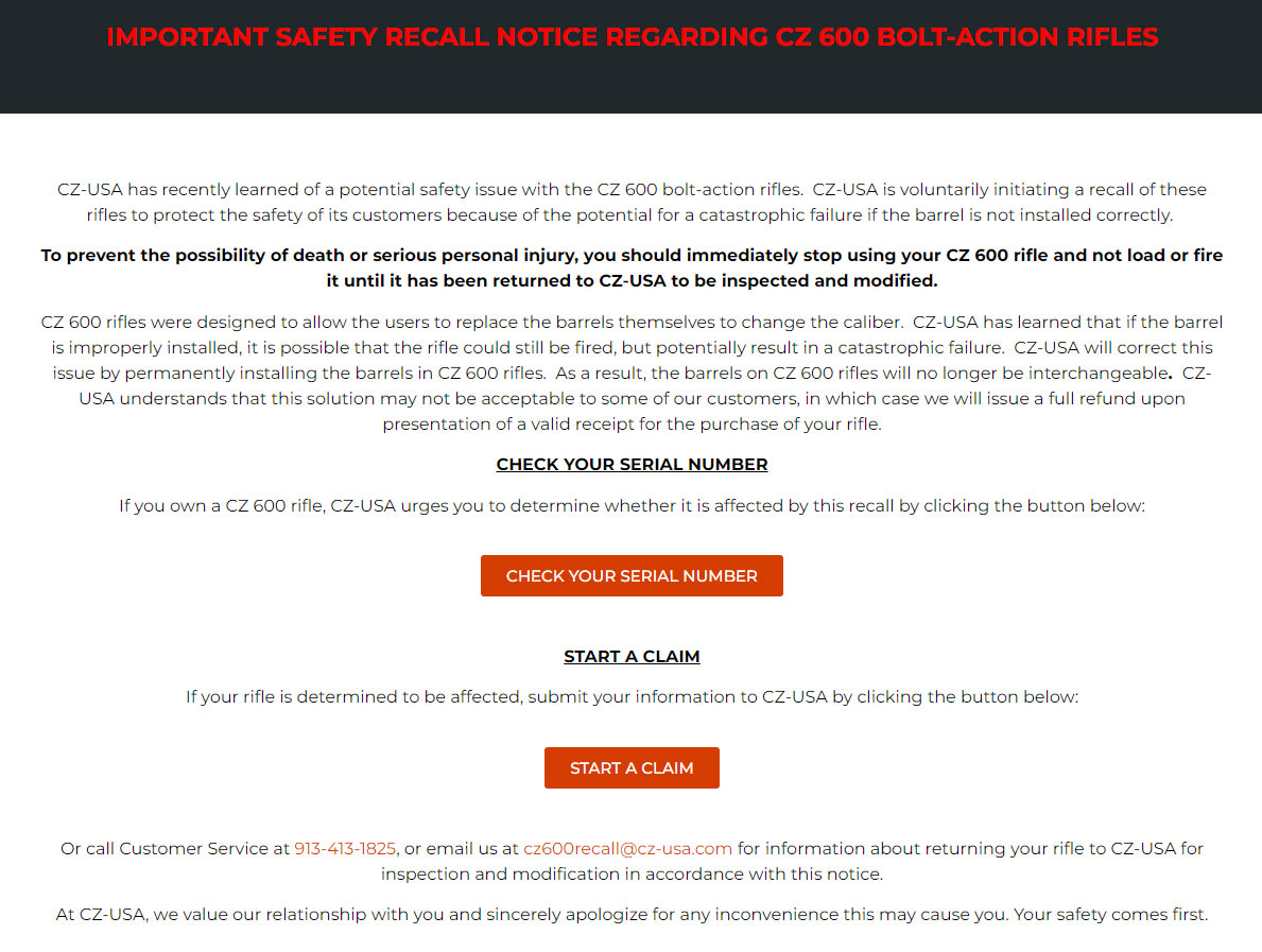 CZ-USA Issues Recall of New Model 600 Bolt-Action Rifles